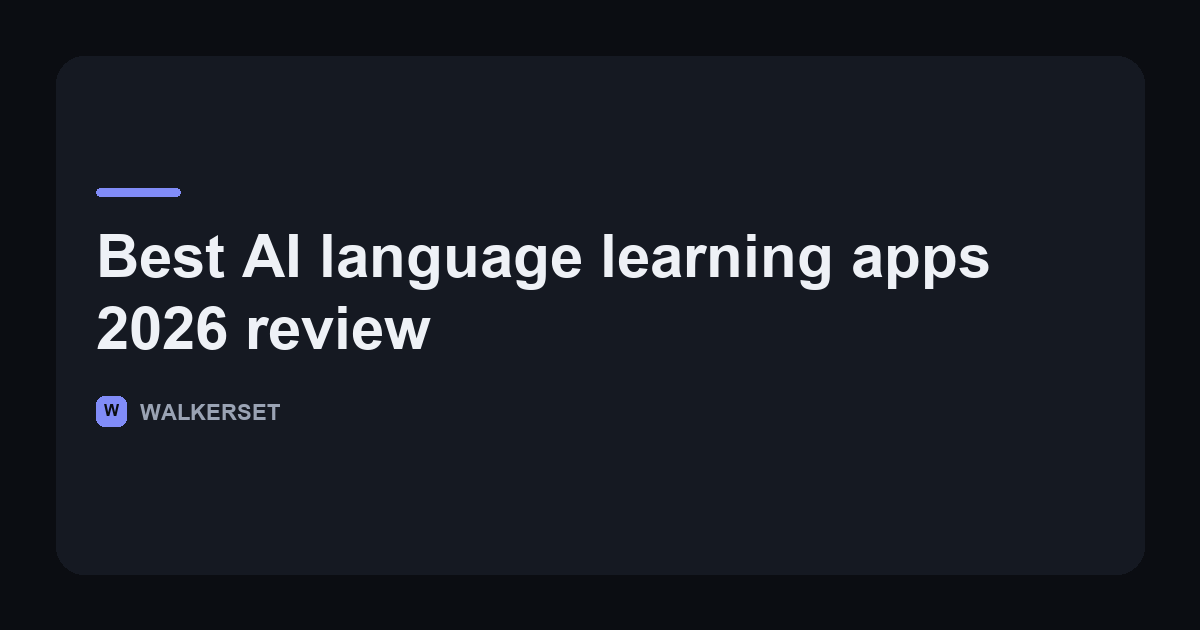 Walkerset article card for a 2026 review of the best AI language learning apps, judged against a Prague pharmacy counter
